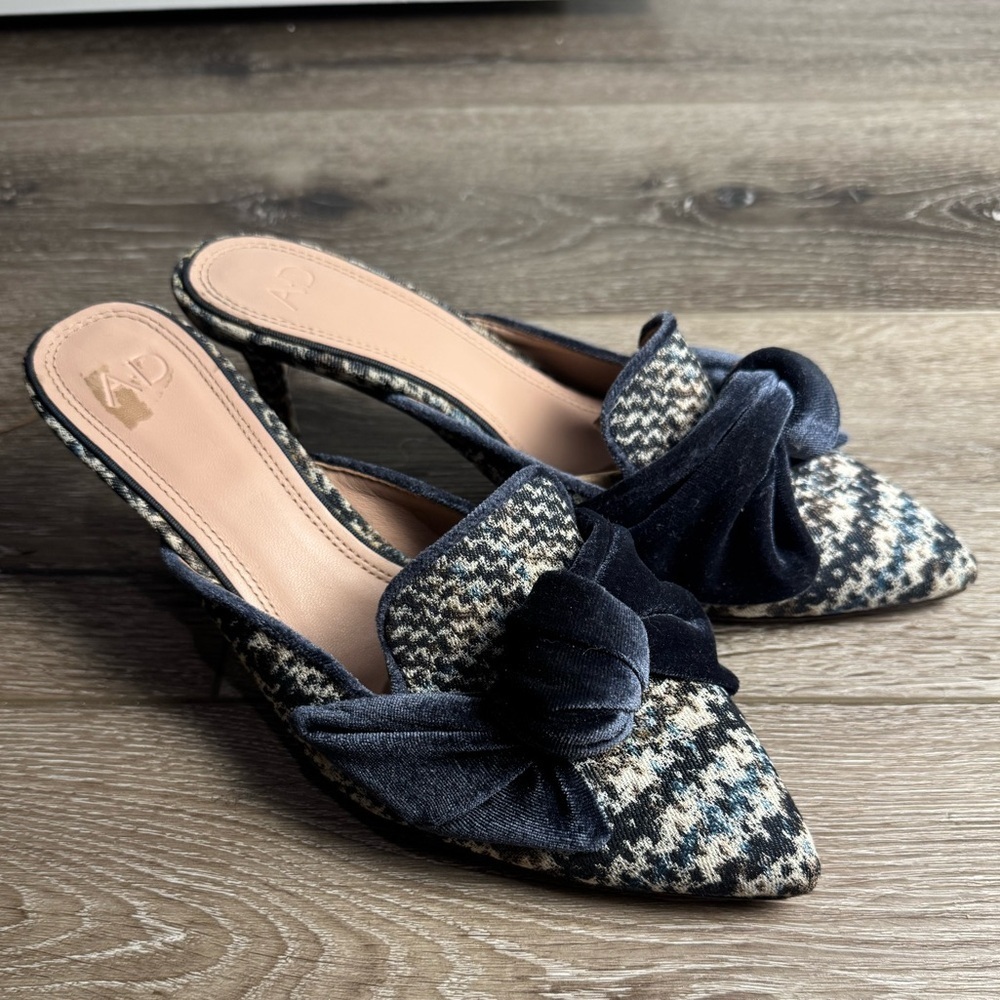AD & Daughters Mules Shoe Pointed Toe Heeled Bow houndstooth velvet bow